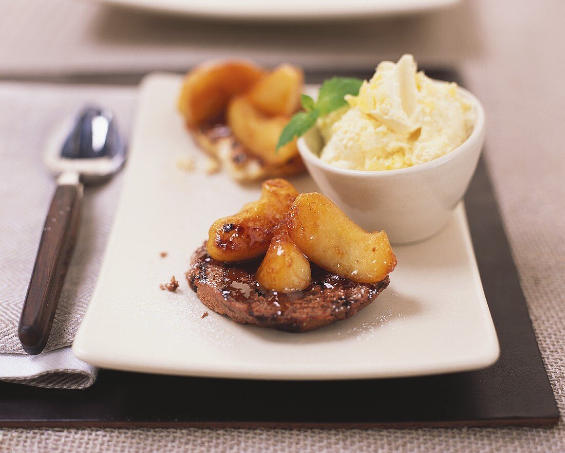 Peach tart with vanilla ice cream