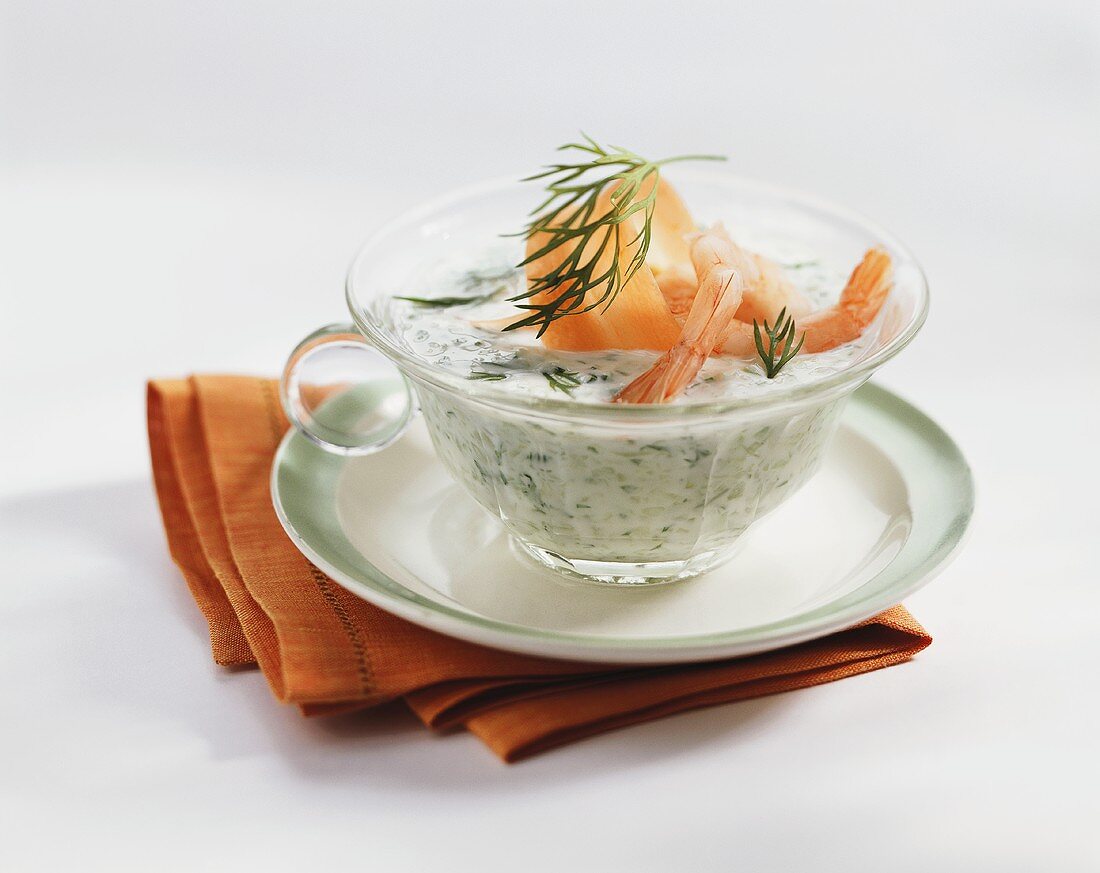 Cold cucumber soup with dill and shrimps