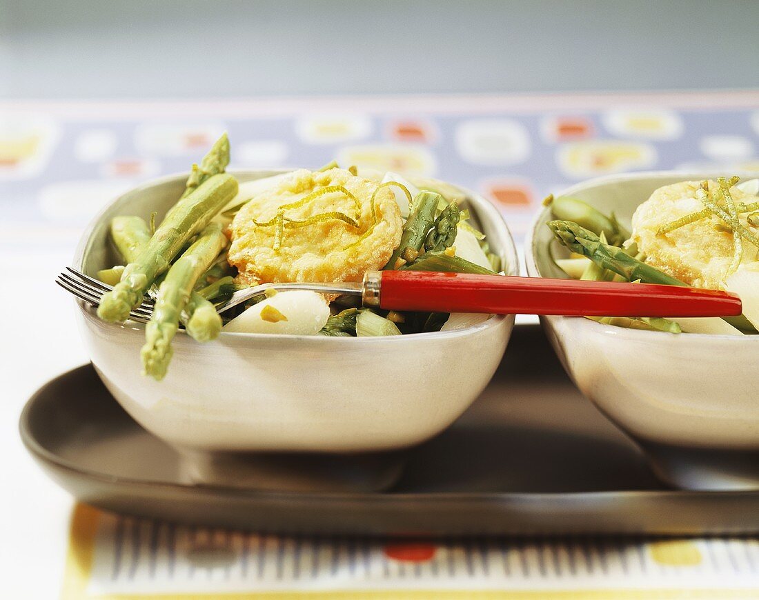 Asparagus salad with deep-fried mozzarella