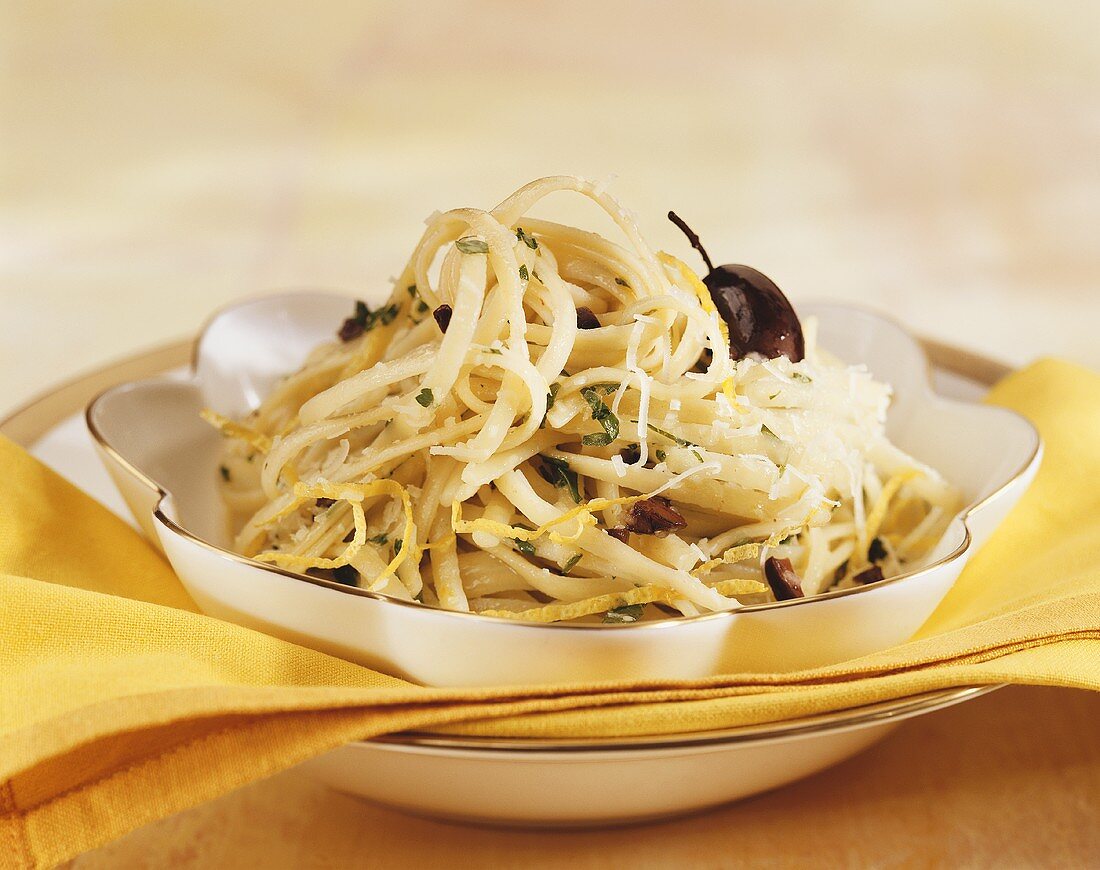 Ribbon pasta with lemon and olives