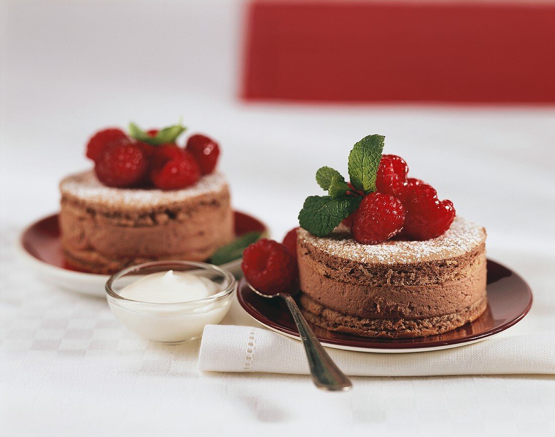 Small chocolate cakes with fresh raspberries