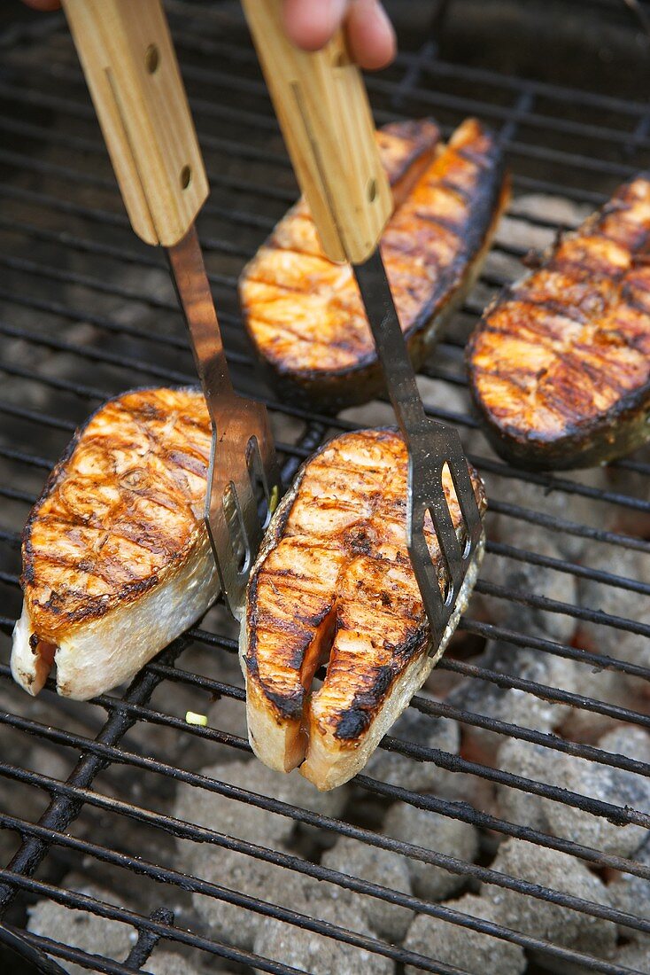 Salmon cutlets on a barbecue