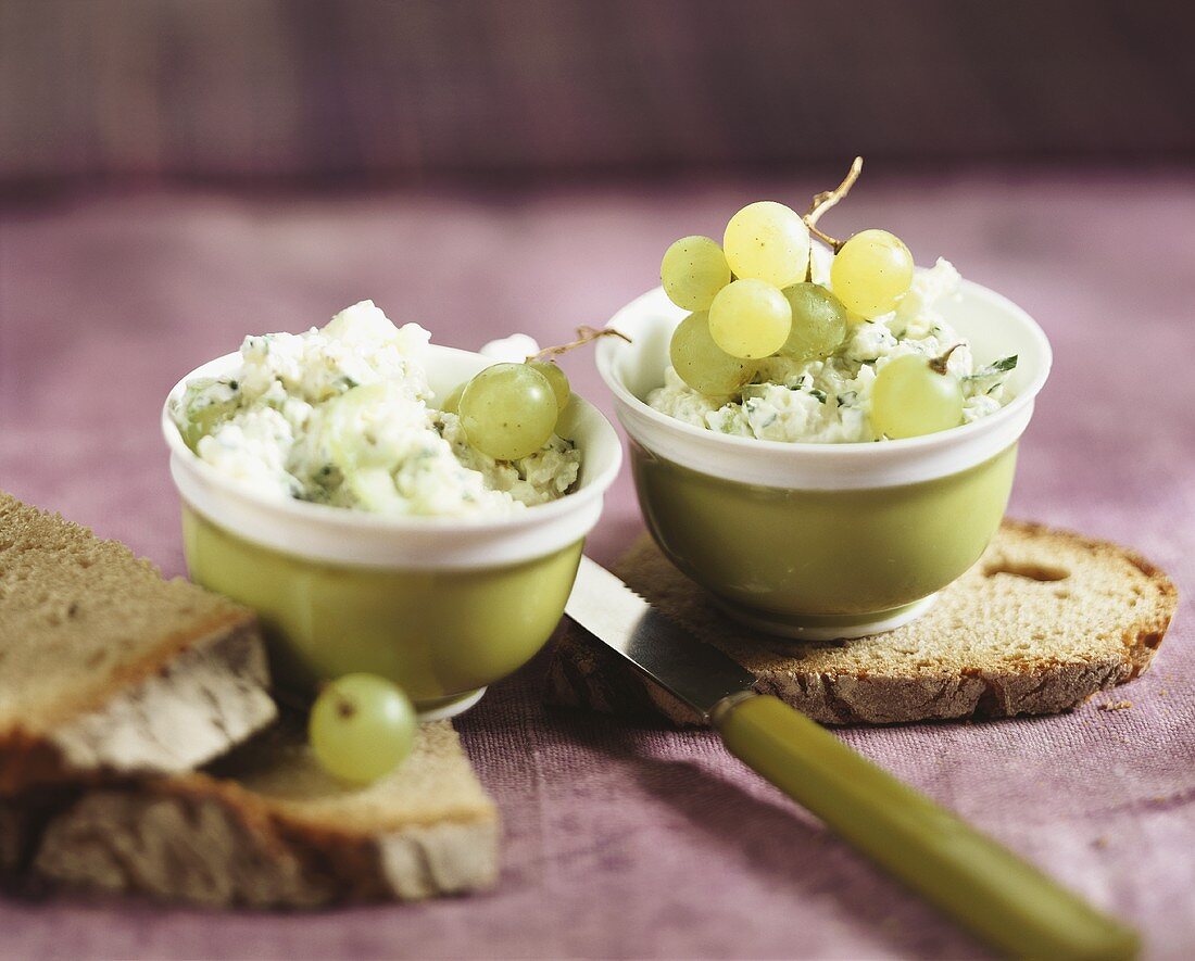 Camembert spread with grapes and farmhouse bread