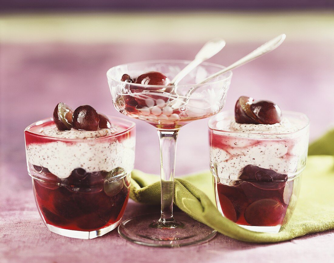 Poppy seed cream with red grapes