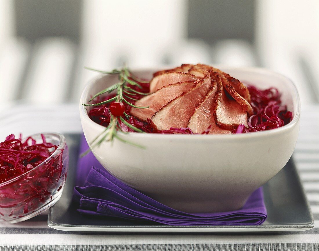 Red cabbage salad with duck breast