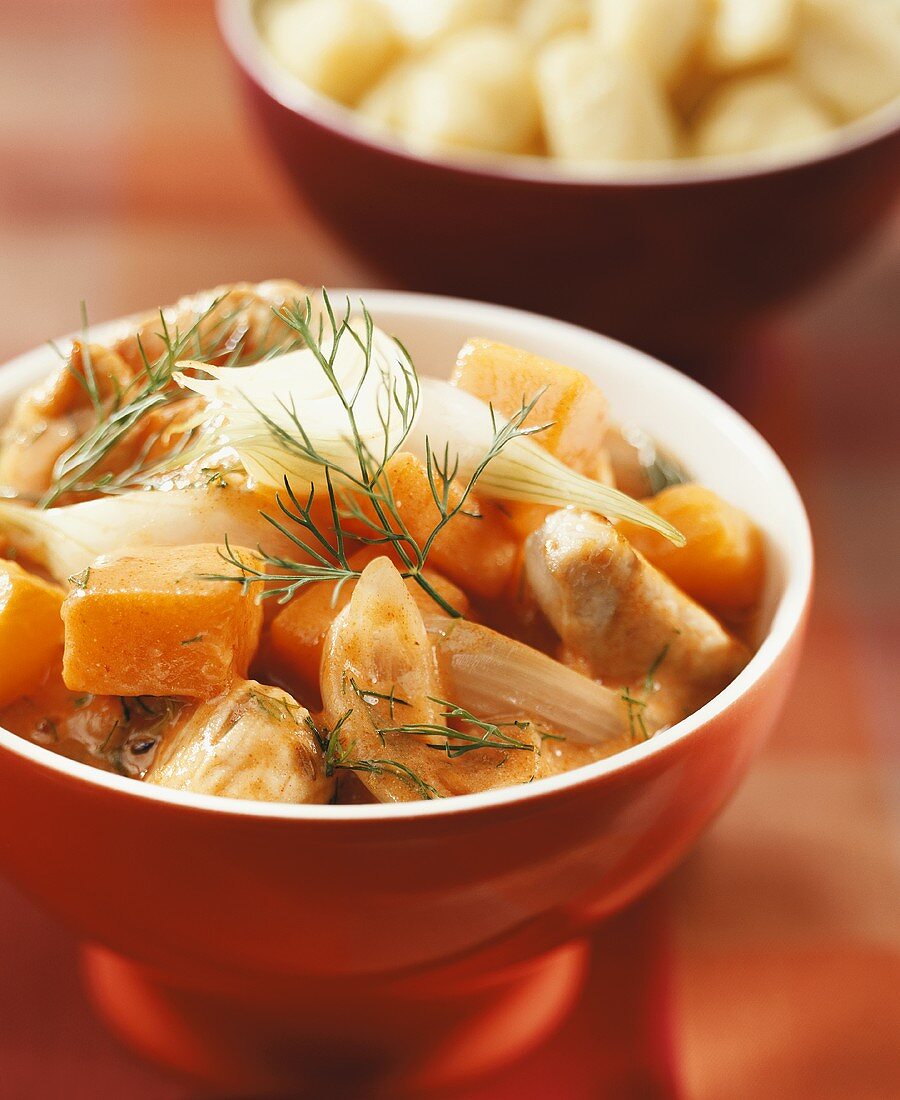 Turkey ragout with pumpkin, spring onions and dill