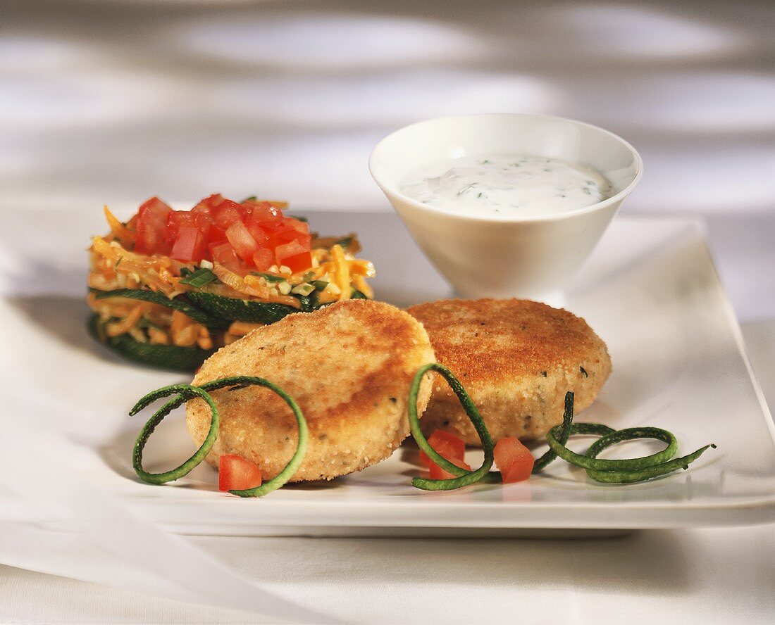 Fish cakes with vegetables and yoghurt sauce