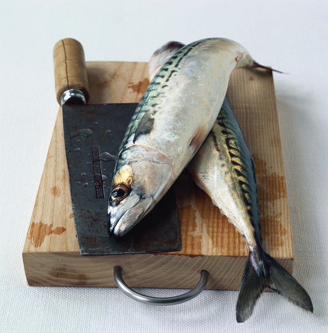 Two mackerel with cleaver on chopping board