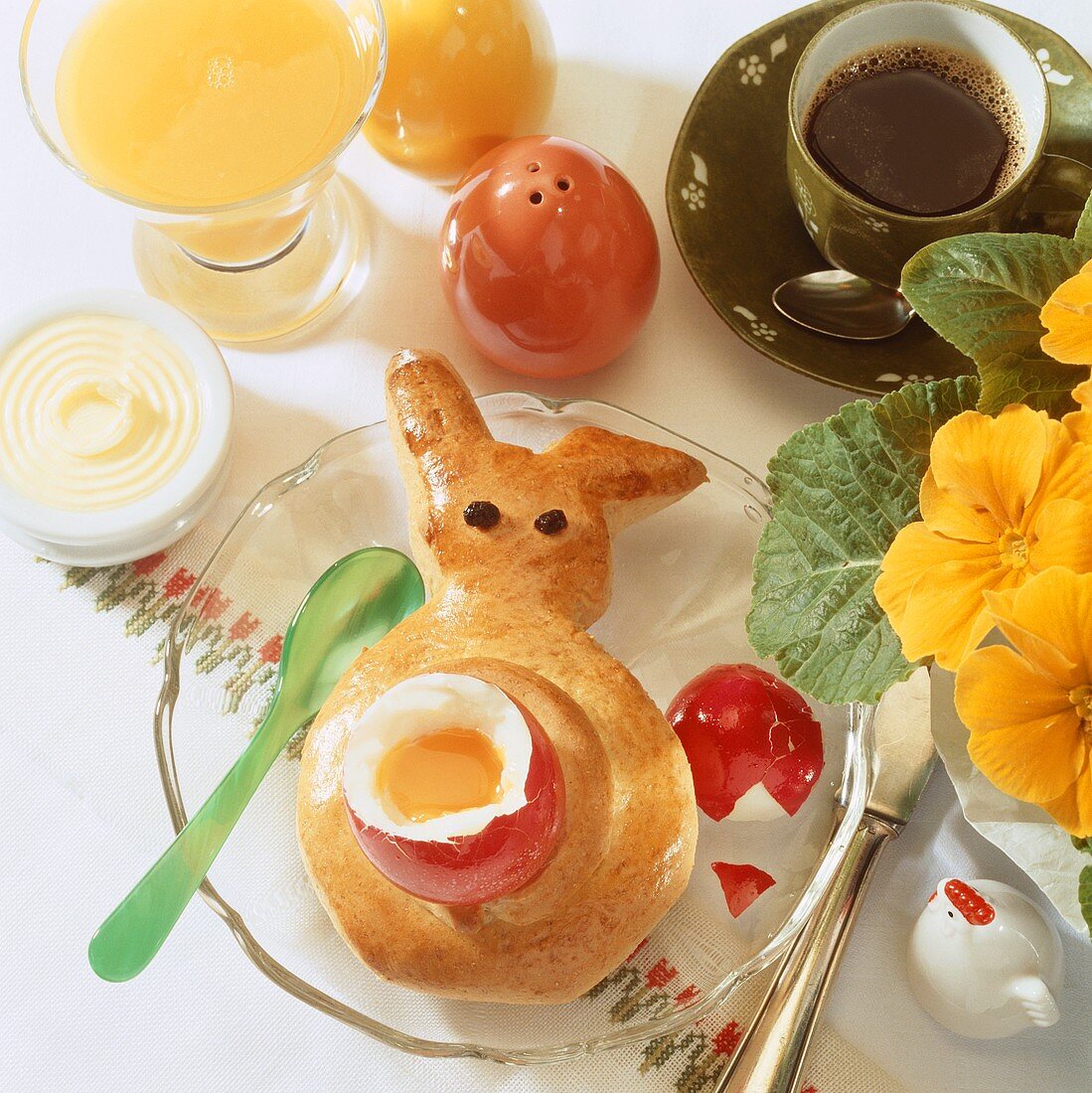 Easter breakfast with soft-boiled egg and baked bunny