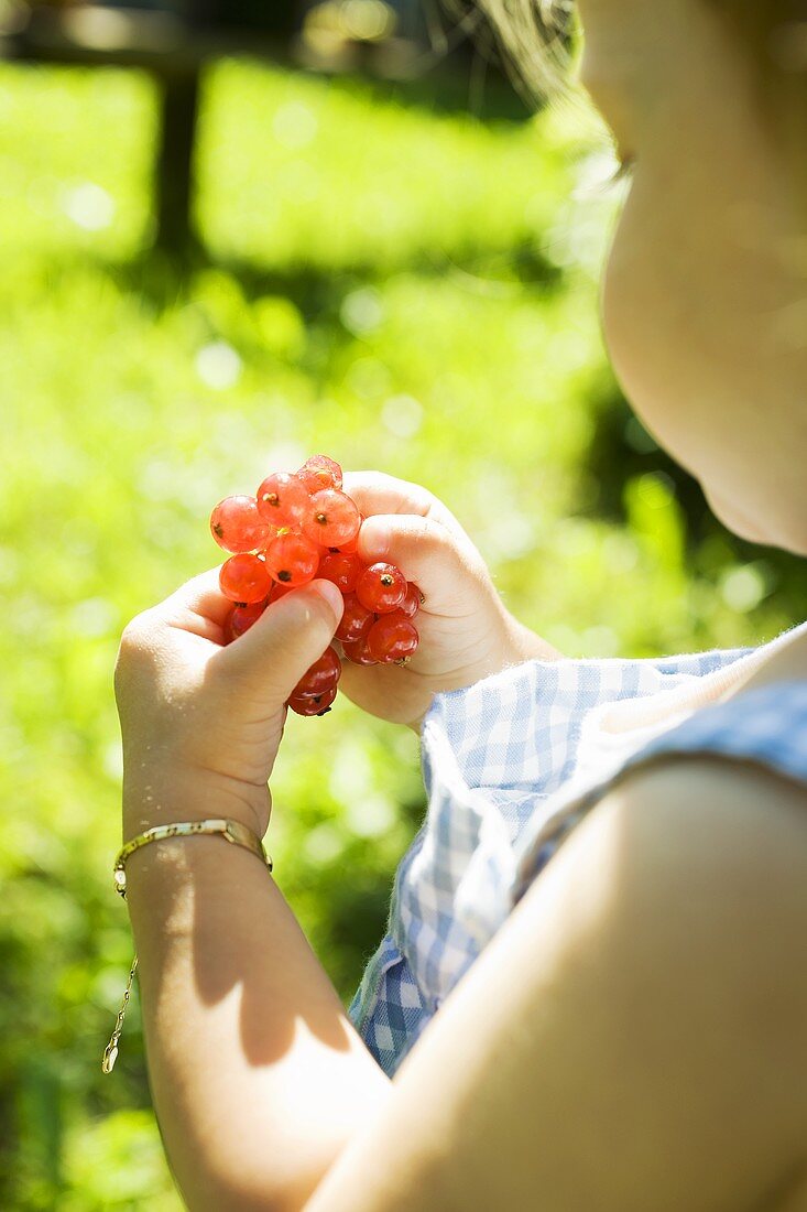 Kleines Mädchen isst rote Johannisbeeren im Freien