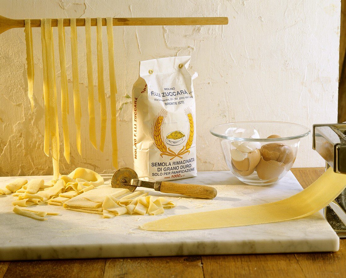 Home-made pasta dough with ingredients
