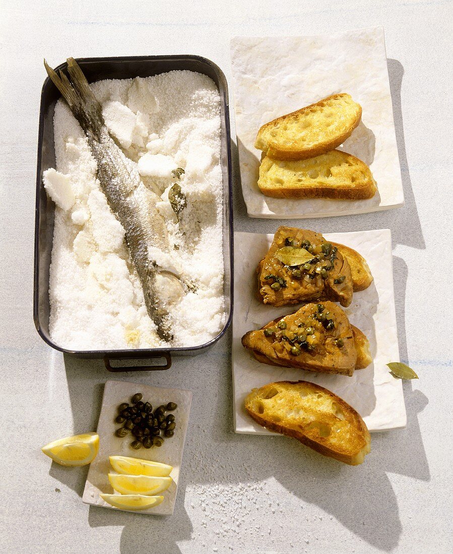 Muggine al sale e tonno al Marsala (Fischgerichte, Italien)
