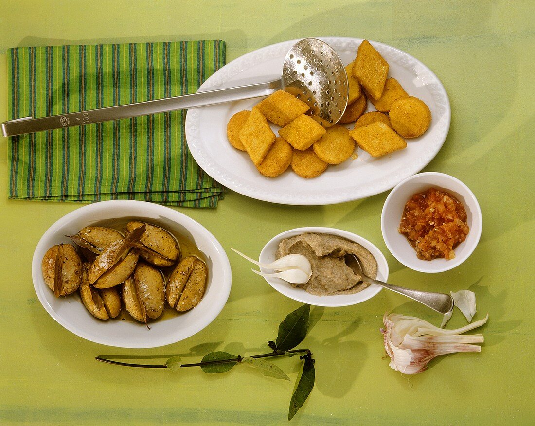 Lorbeerkartoffeln, Buchweizen-Polenta, Griessplatteln