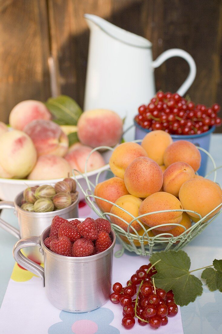 Stillleben mit Obst und Beeren auf Tisch im Freien