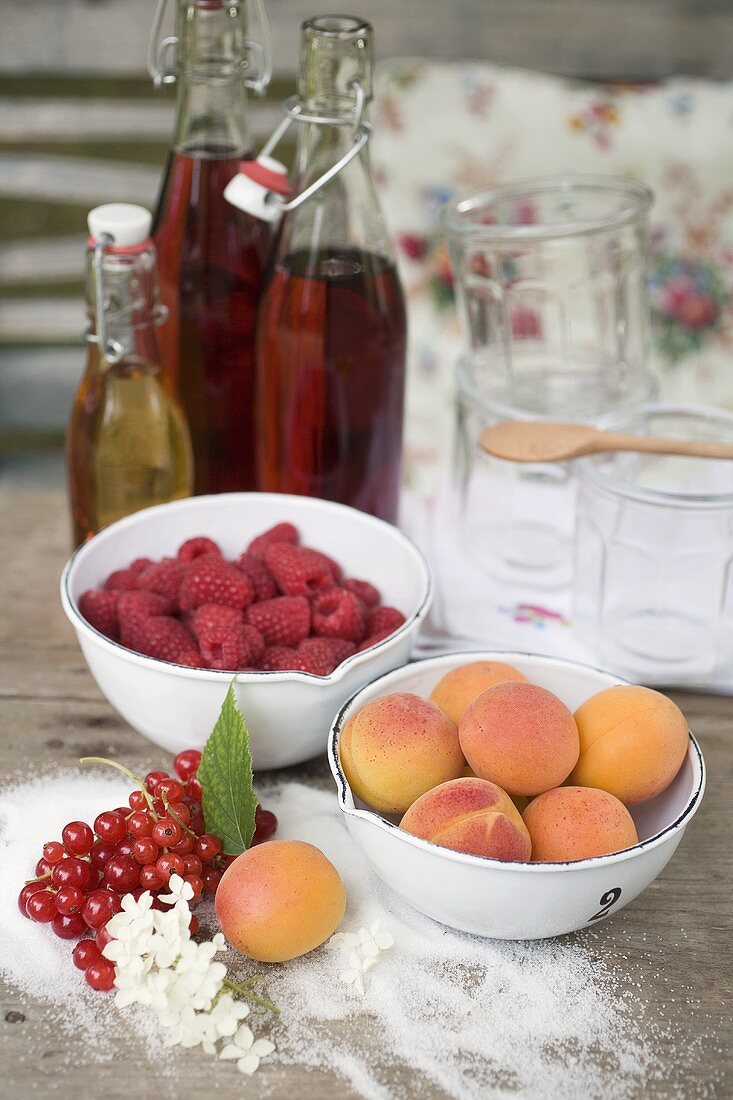 Beeren, Aprikosen, Zucker und Saftflaschen auf Gartentisch