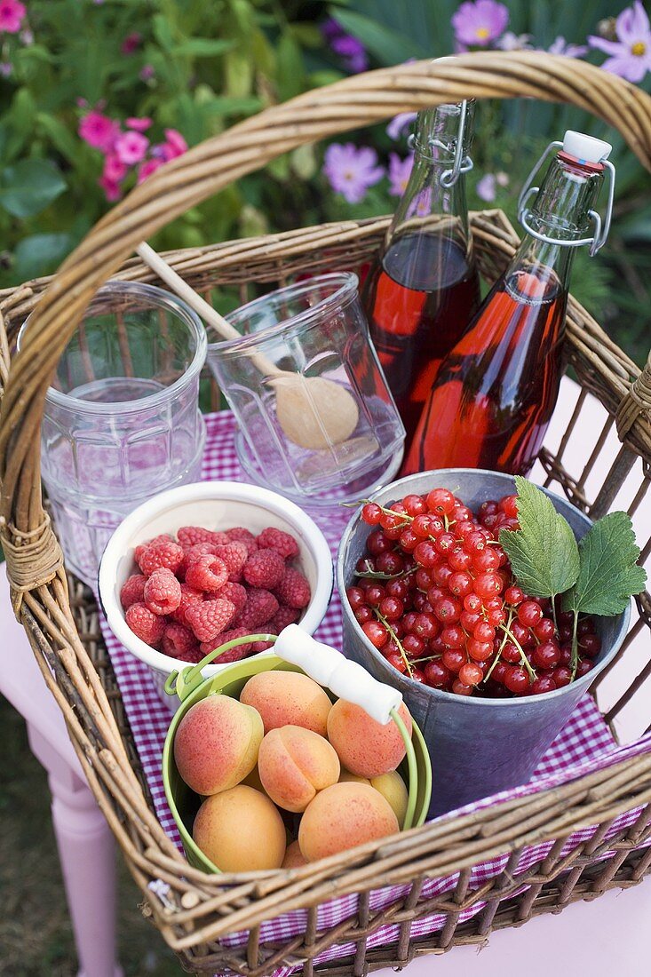 Berries, apricots, bottles of juice and jars in a basket