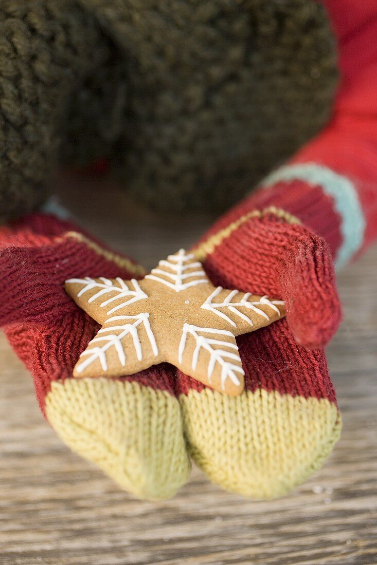 Hands in woollen mittens holding gingerbread star