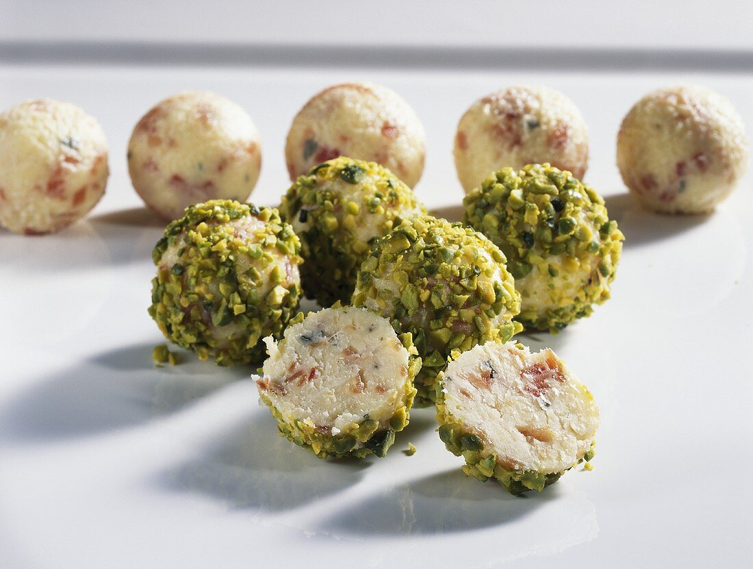 Cheese balls coated with chopped pistachios