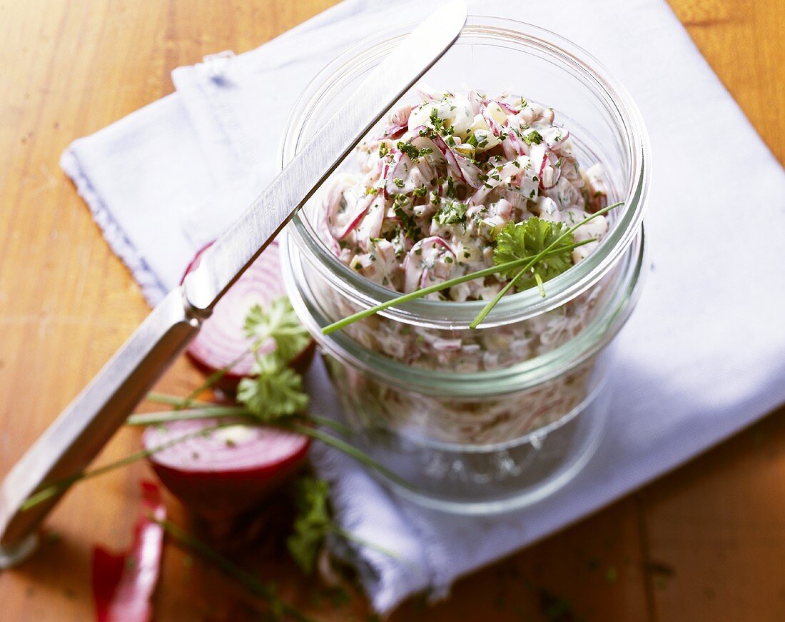 Ham and onion spread in a jar