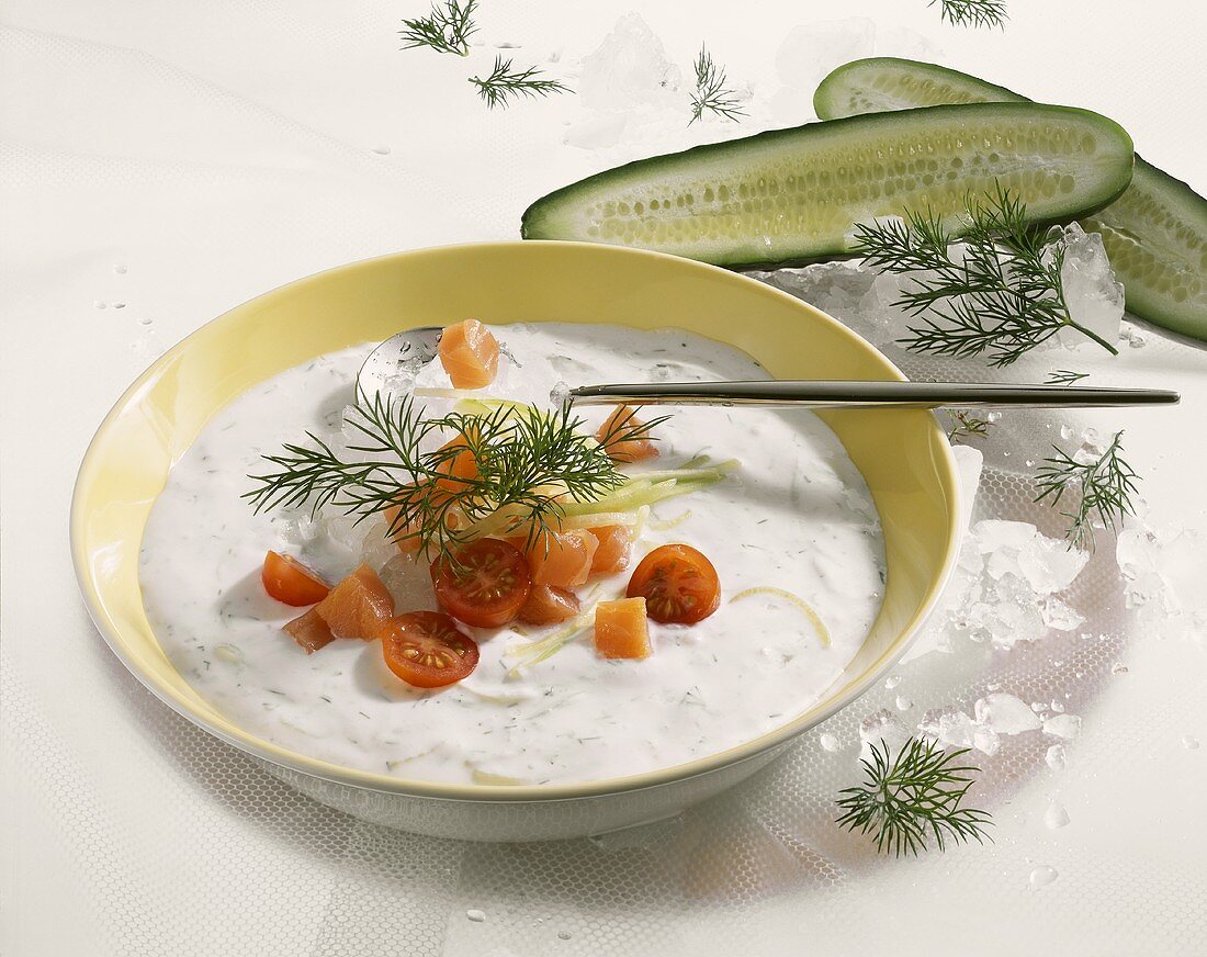 Cold cucumber soup with smoked salmon and cherry tomatoes