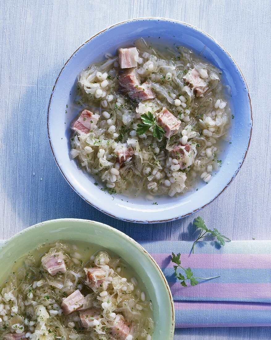 Sauerkraut soup with pork and pearl barley (Estonia)