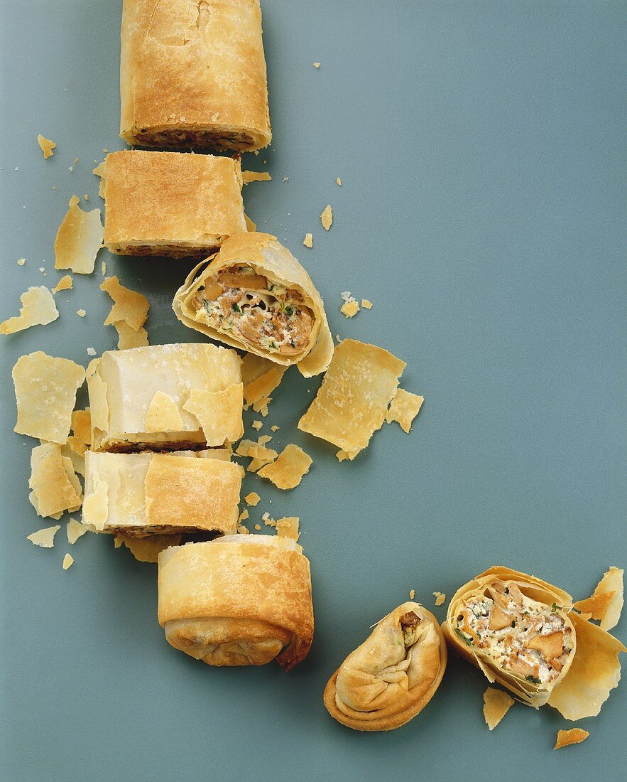 Savoury mushroom and ricotta strudel, cut into pieces