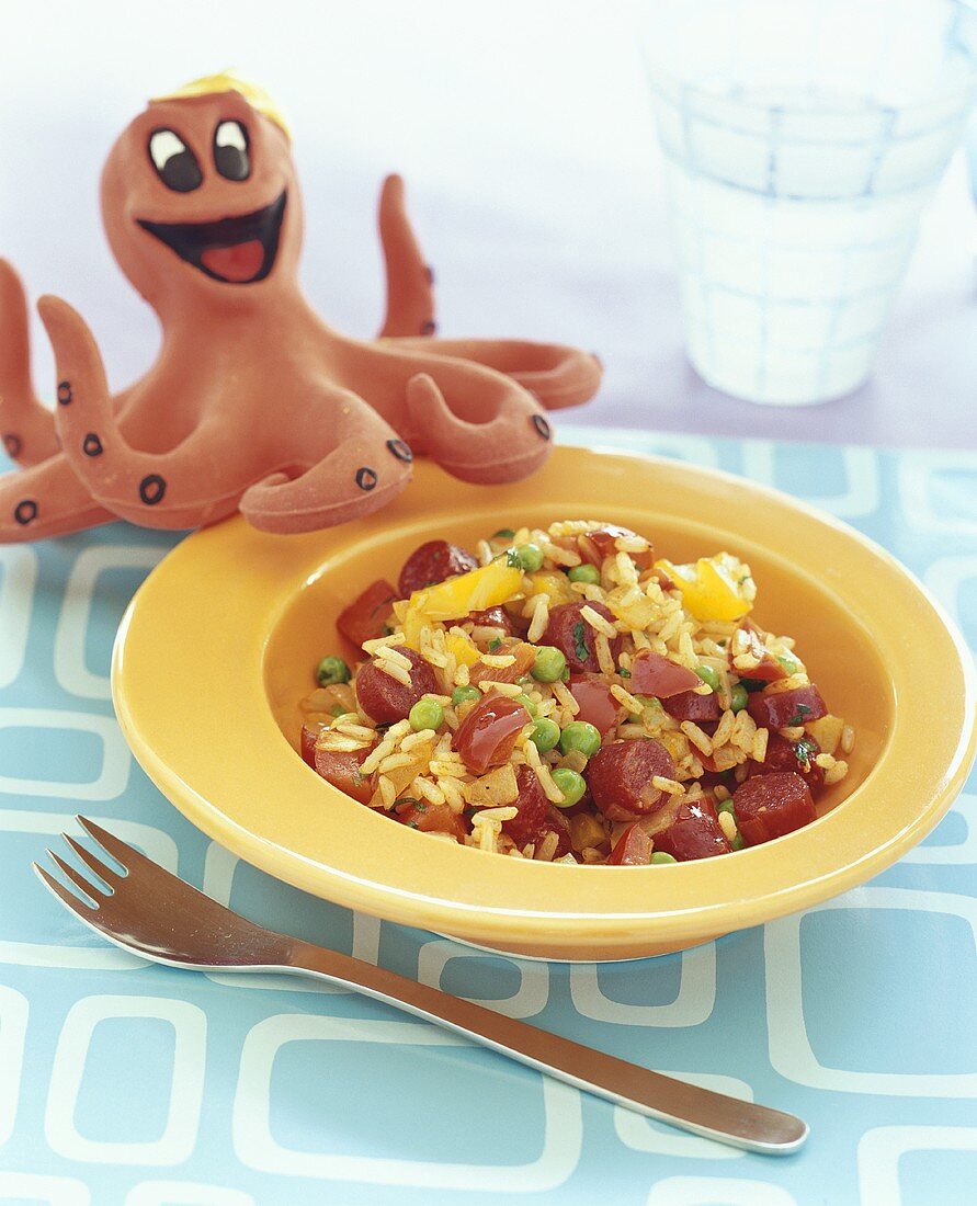 Pan-cooked rice, vegetables and cabanossi for children