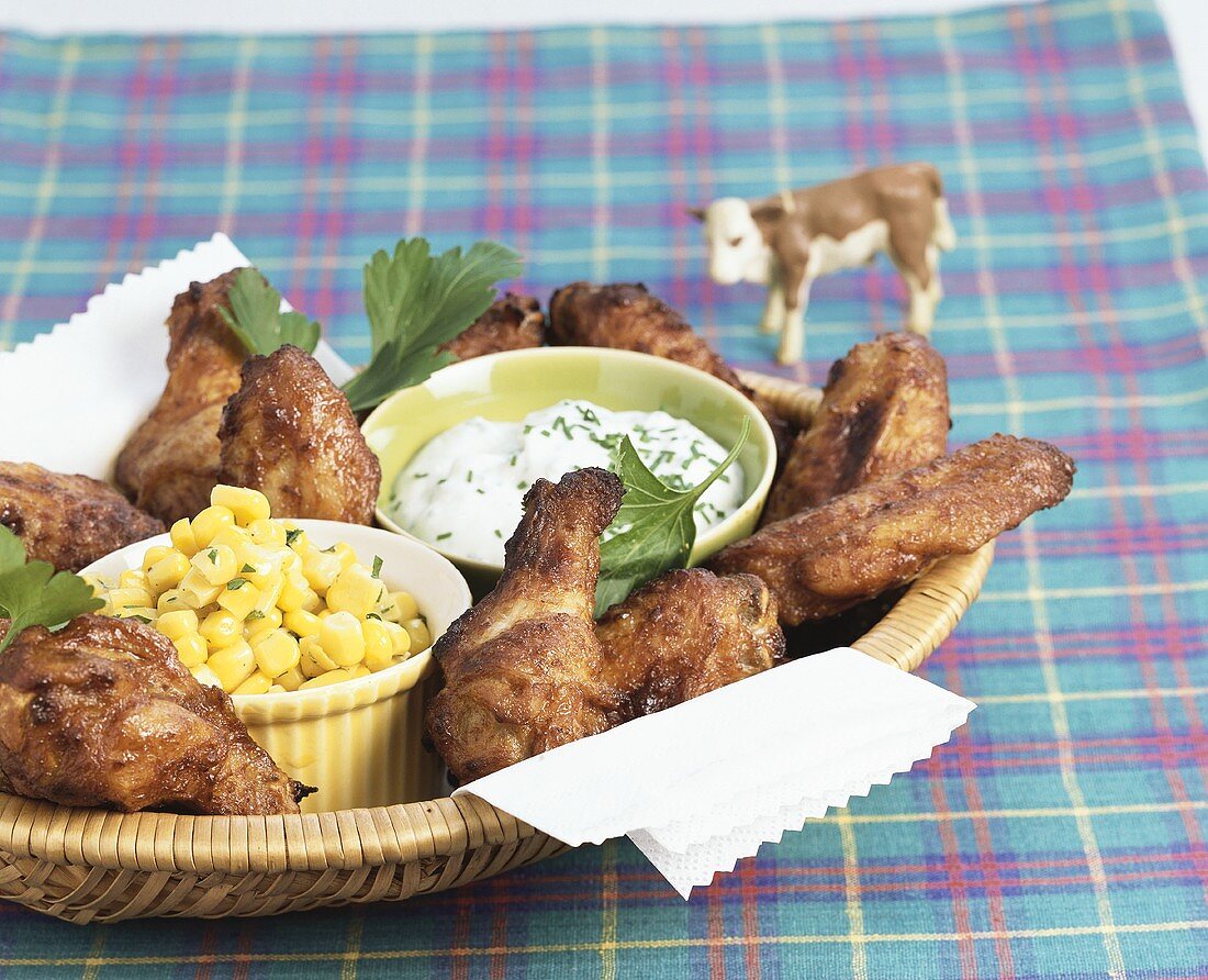 Chicken wings with sweetcorn and herb dip for children