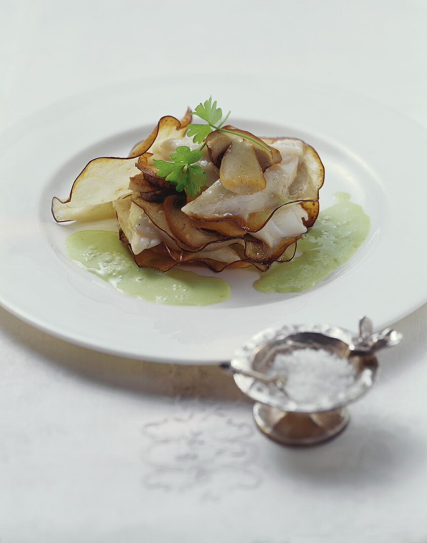 Millefeuilles of turbot, ceps and aubergines