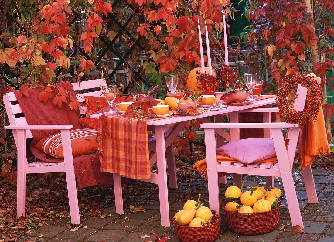 Herbstlich gedeckter Tisch mit Kürbissen und Hagebutten