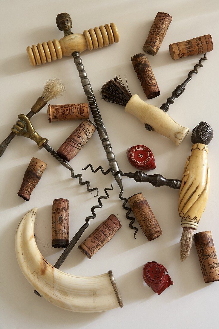 Assorted corkscrews and wine corks