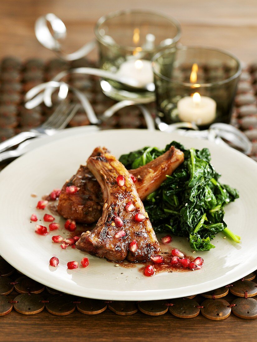 Lamb chops with pomegranate seeds & spinach for Christmas