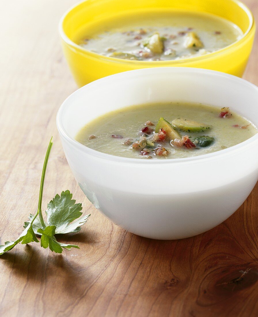 Brussels sprout soup with diced bacon