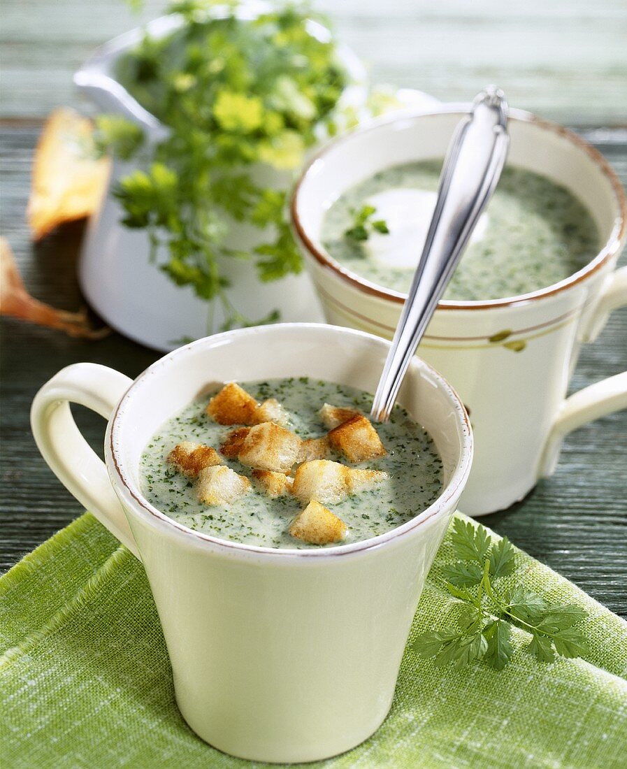 Gründonnerstagssuppe (Kerbelsuppe) mit Croûtons