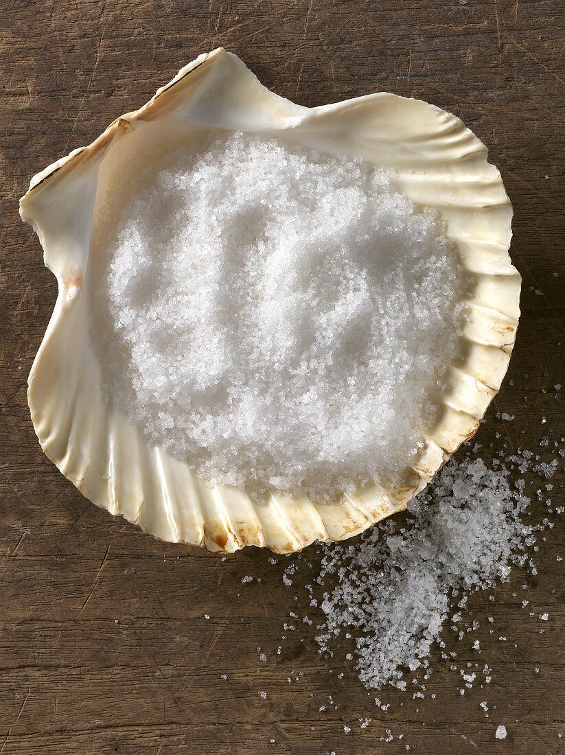 Fleur de sel (French salt) in scallop shell