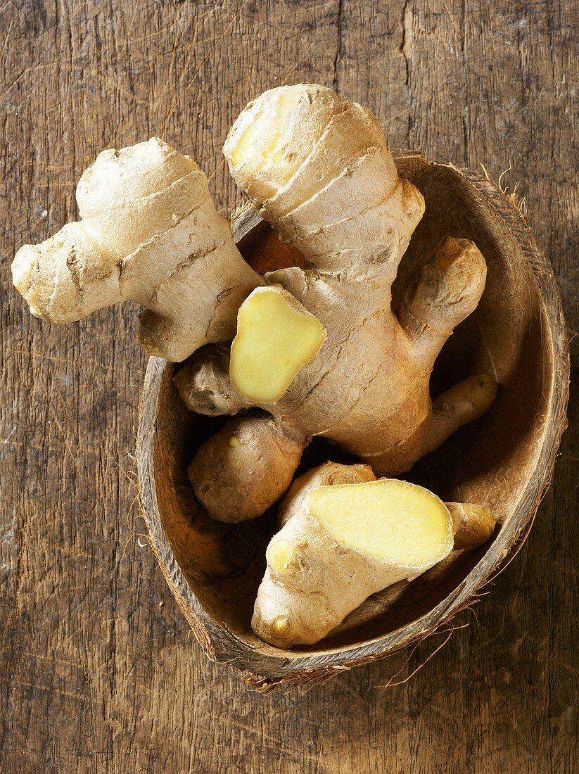 Ginger root in coconut shell