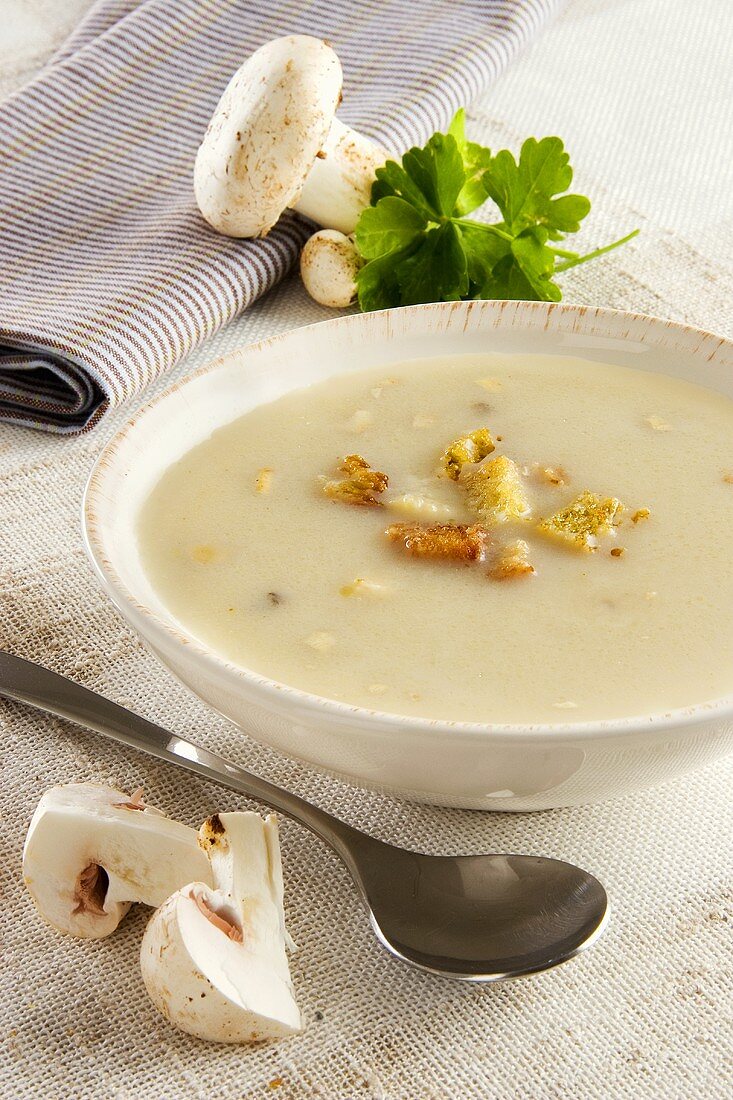 Champignonsuppe mit Croûtons