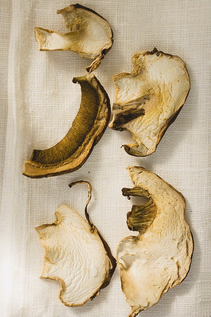 Dried ceps on white cloth