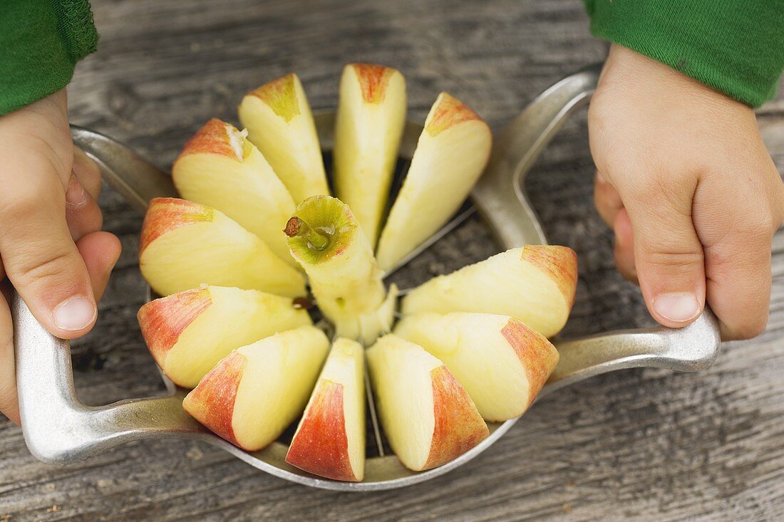 Kinderhände zerteilen Apfel mit Apfelteiler