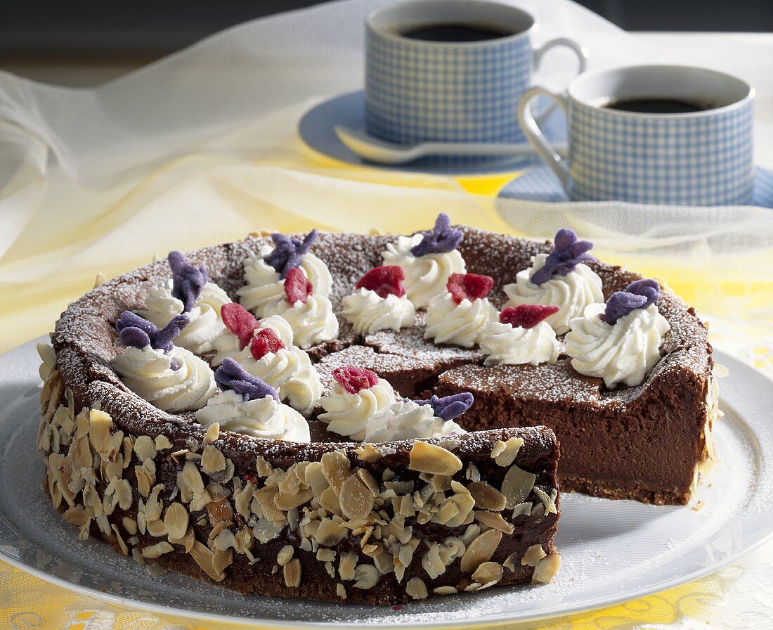 Chocolate cheesecake with candied violets