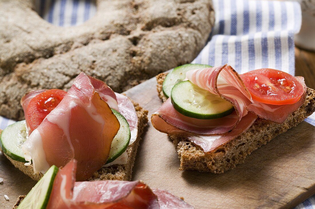 Ruisleipä (bread, Finland) with ham, tomato, cucumber