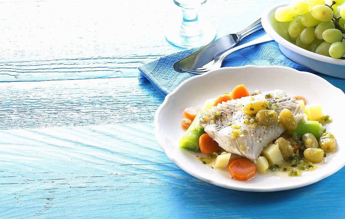 Fish with grape sauce and vegetables (Greece)