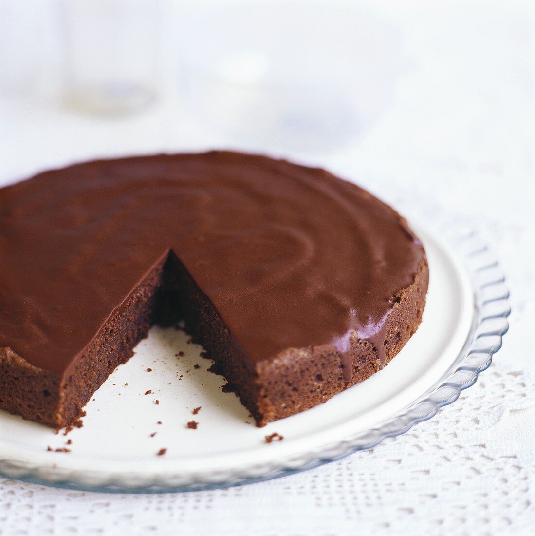 Chocolate almond cake, a piece taken