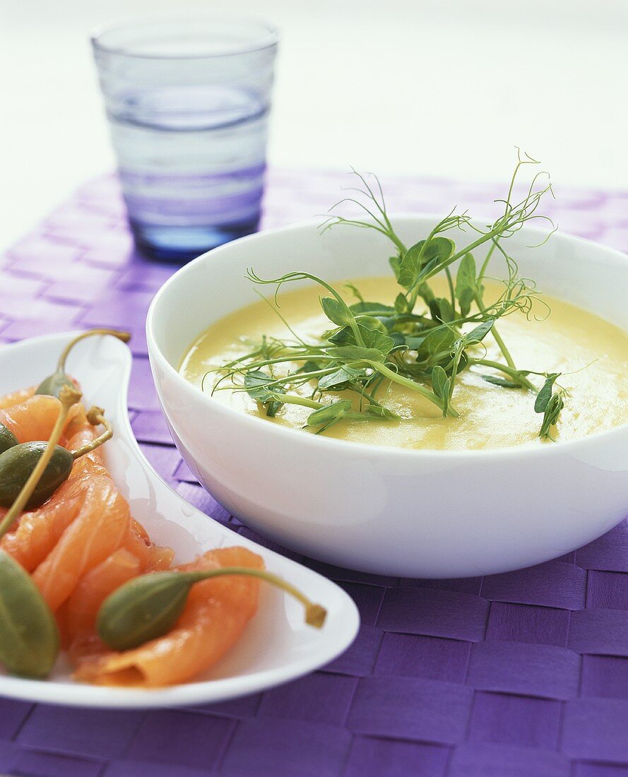 Potato soup with smoked salmon and giant capers