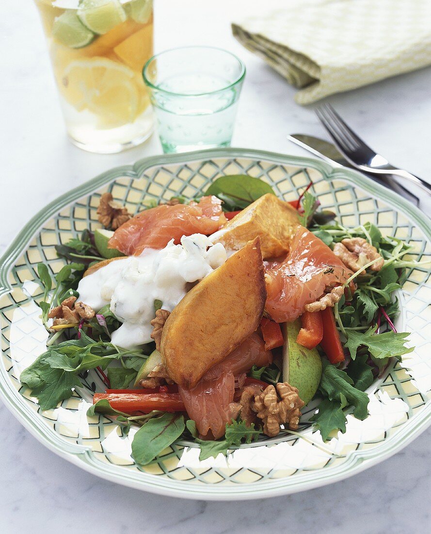 Salmon salad with sweet potatoes, walnuts & cheese dressing