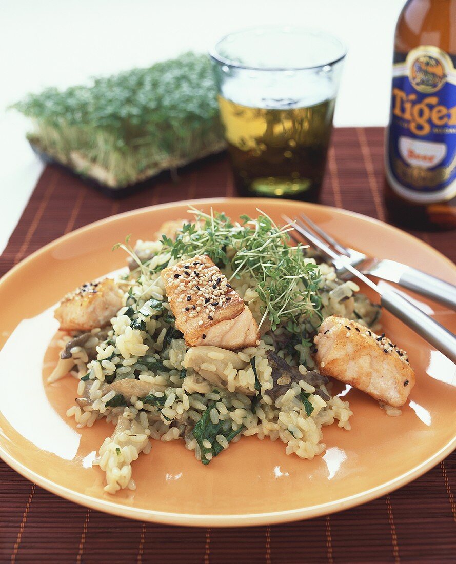 Sesame salmon with mushroom risotto and cress (Sweden)