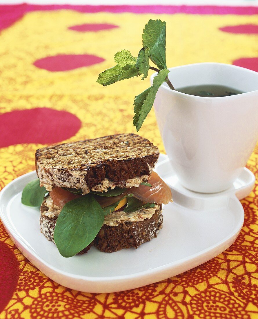 Smoked salmon and spinach sandwich, peppermint tea