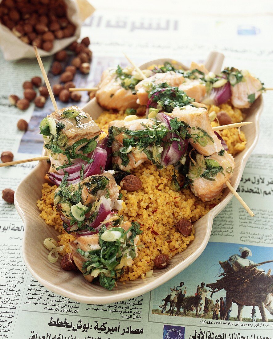 Salmon and onion kebabs on couscous (N. Africa)