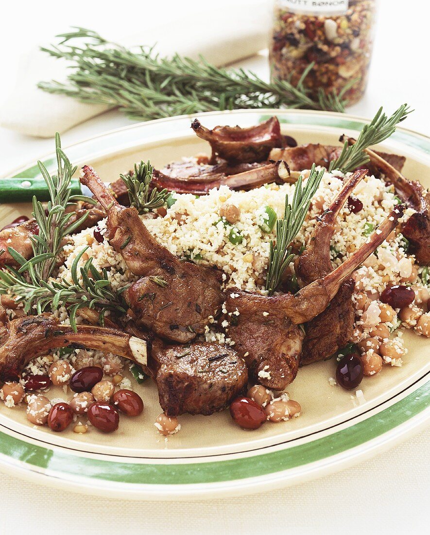Lamb cutlets with rosemary, couscous, chick-peas, olives