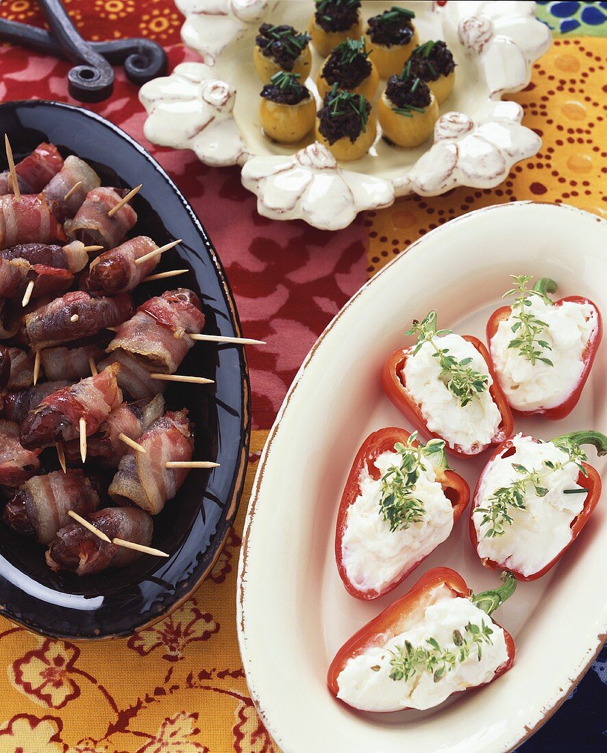 Stuffed baby peppers & cherry tomatoes, bacon-wrapped dates